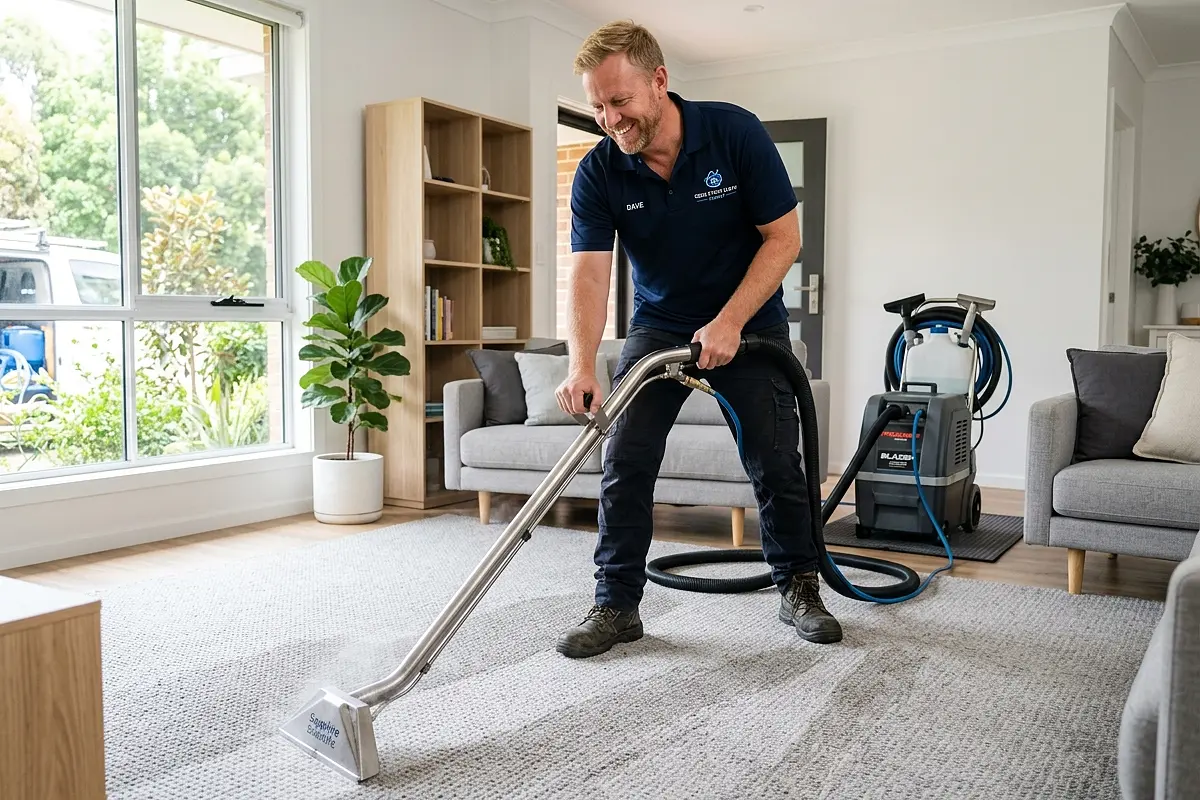 Professional upholstery cleaning equipment set up in a home