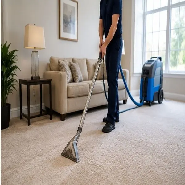 Professional upholstery cleaning in progress in a home